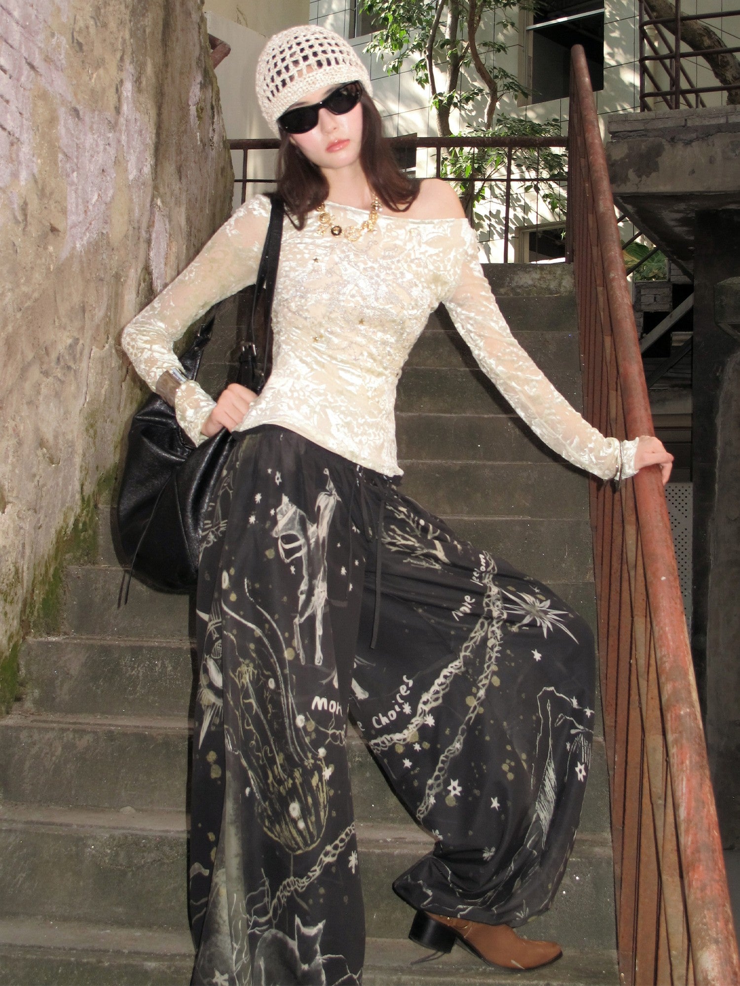 OfAkiva Vintage Printed High Waist Drawstring Wide Leg Women&