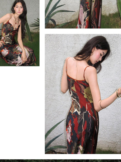 OfAkiva Vintage Red Oil Print Cowl Neck Mermaid Women&