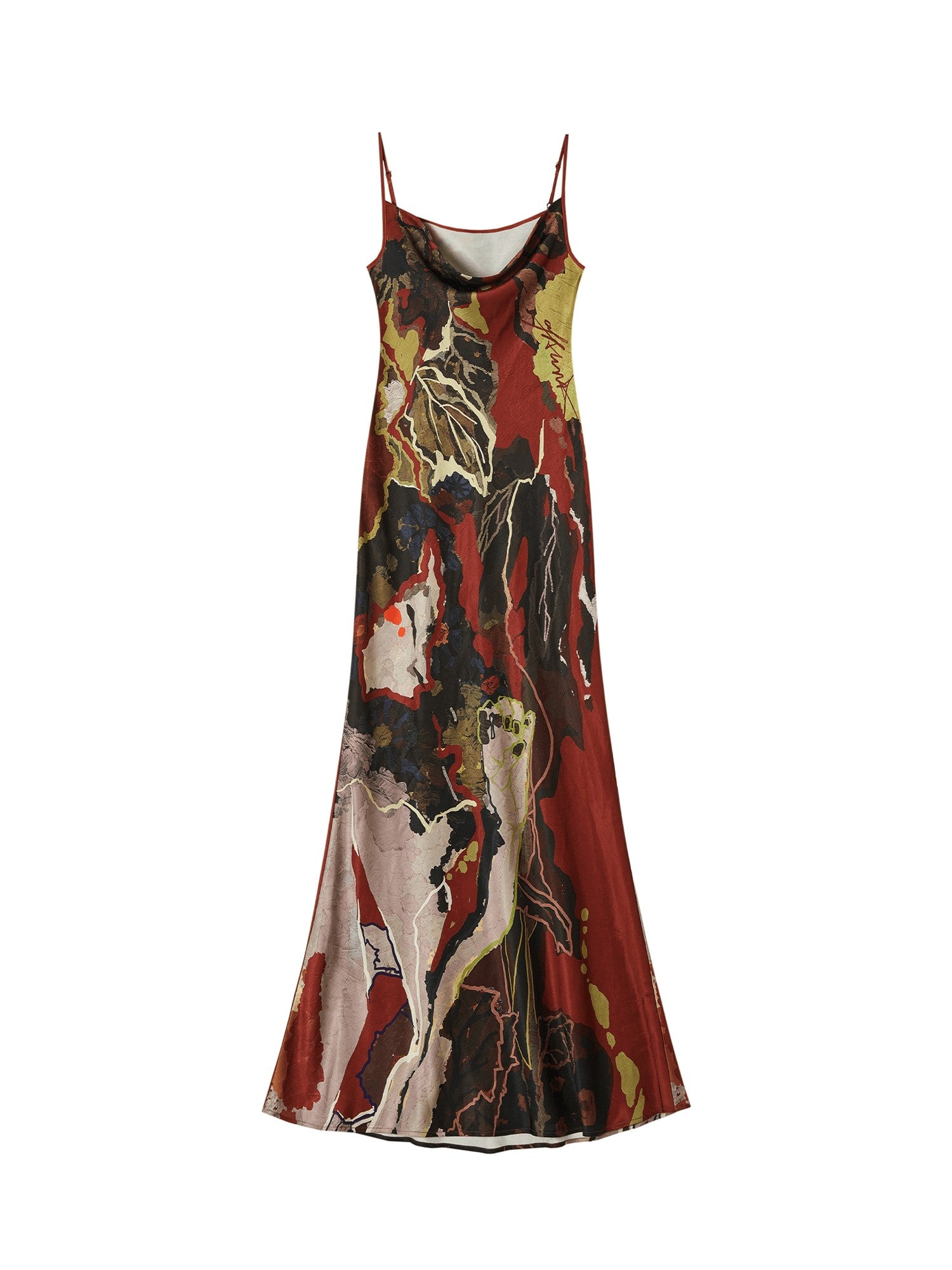 OfAkiva Vintage Red Oil Print Cowl Neck Mermaid Women&