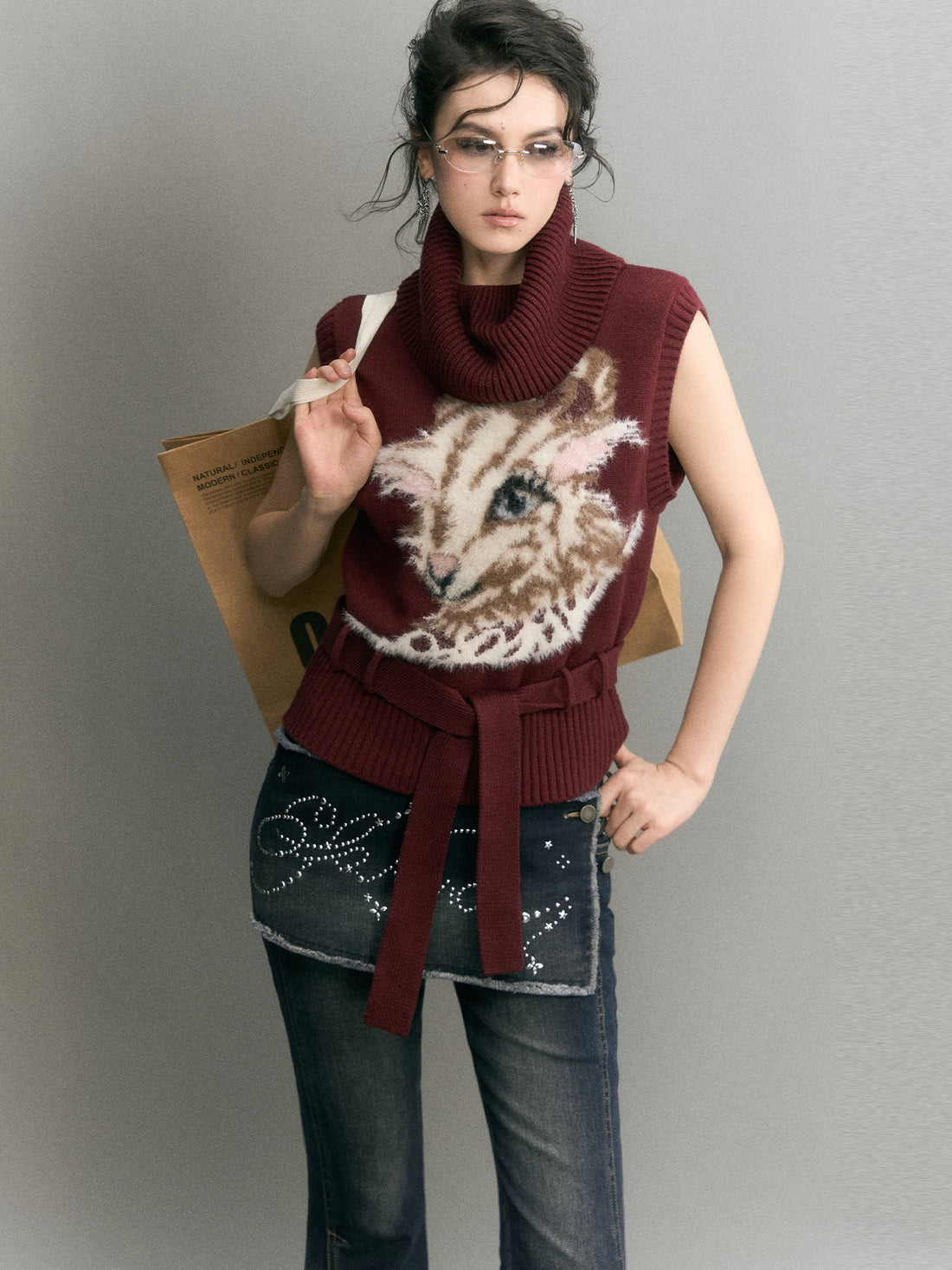 OfAkiva Vintage Sheep Print Cowl Neck Sleeveless Loose Fit Women&