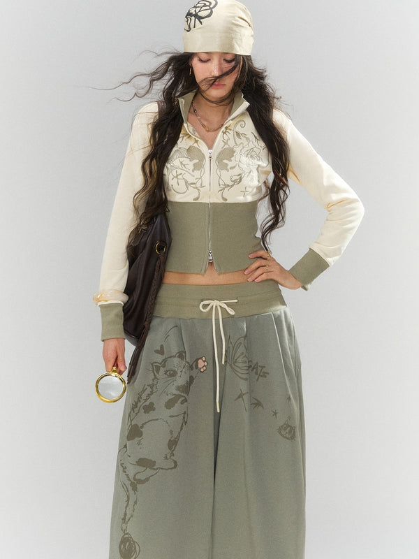 Vintage Three Color Embroidered Cinched Waist Women's Cotton Cropped Jackets