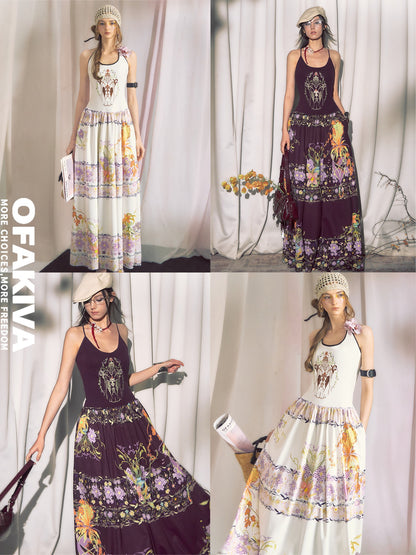 OfAkiva Violet Printed Embroidered Flared Patchwork Women&