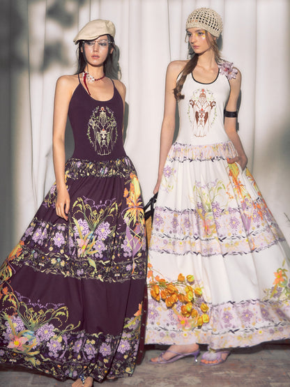 OfAkiva Violet Printed Embroidered Flared Patchwork Women&