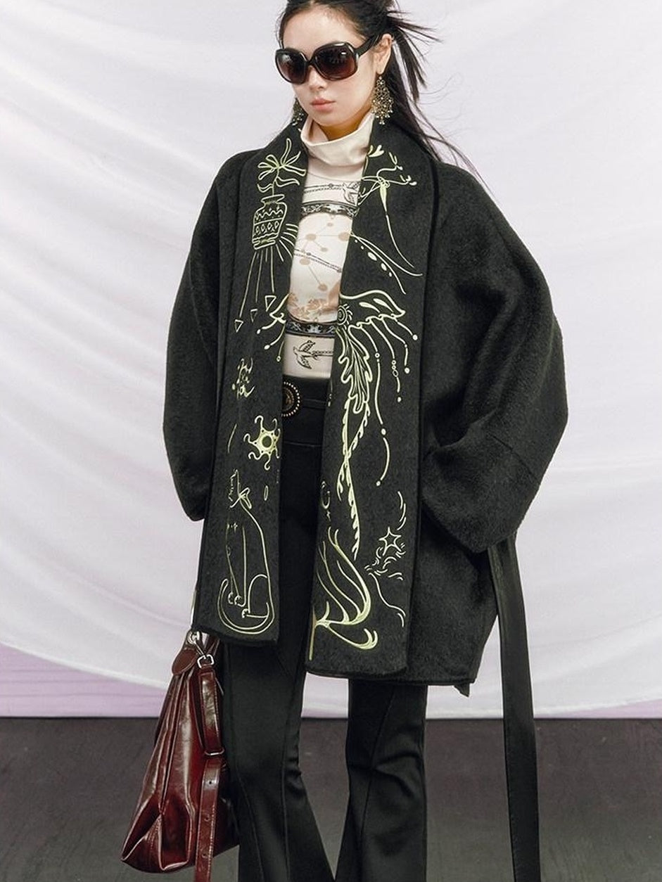 OfAkiva Warm Double Face Wool Tie Closure Commuter Slim Fit V-ceck Men Jacket