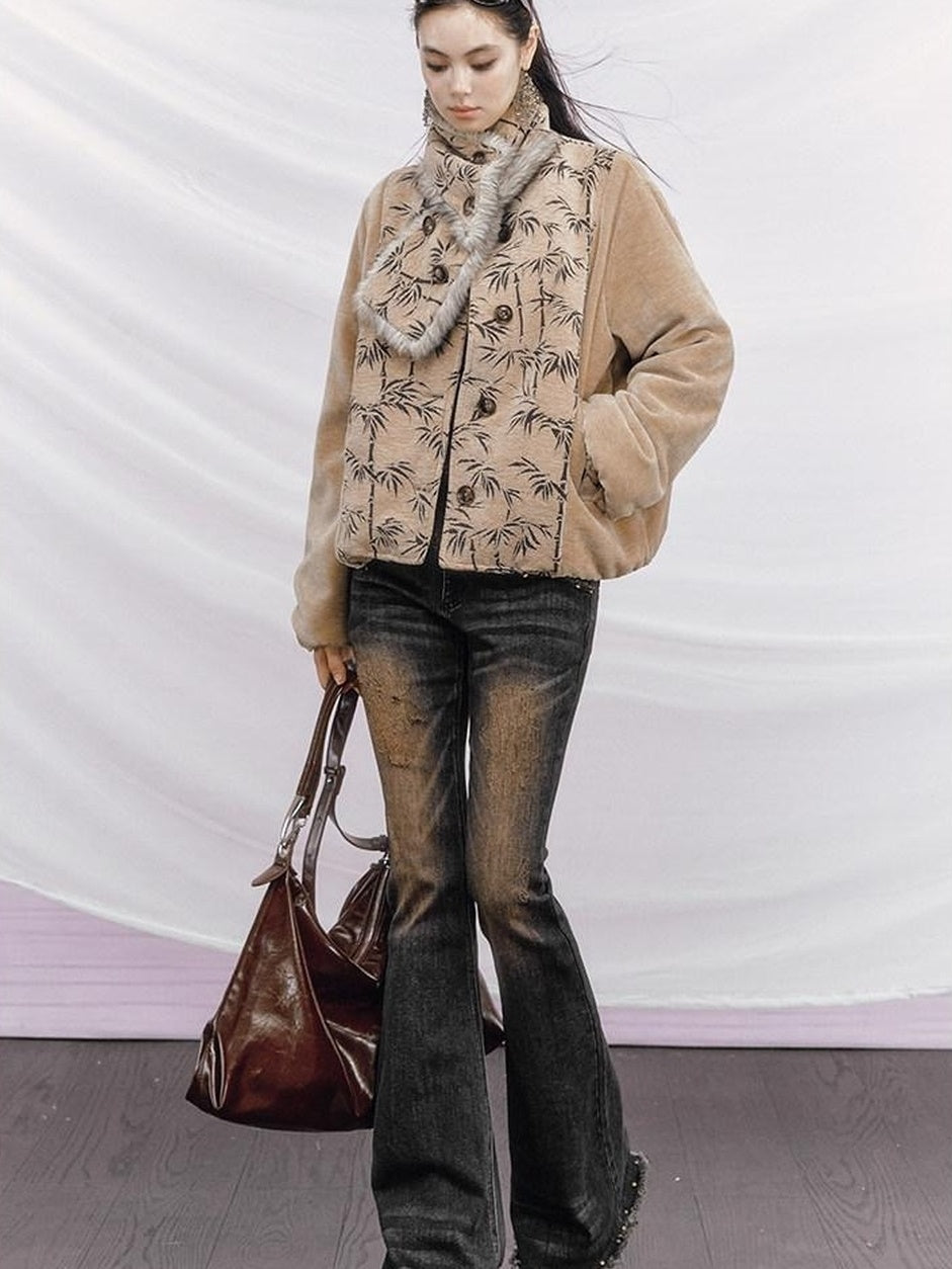 OfAkiva Warm Zip Front V-ceck Straight Commuter Solid Black Beige Puffer Jacket