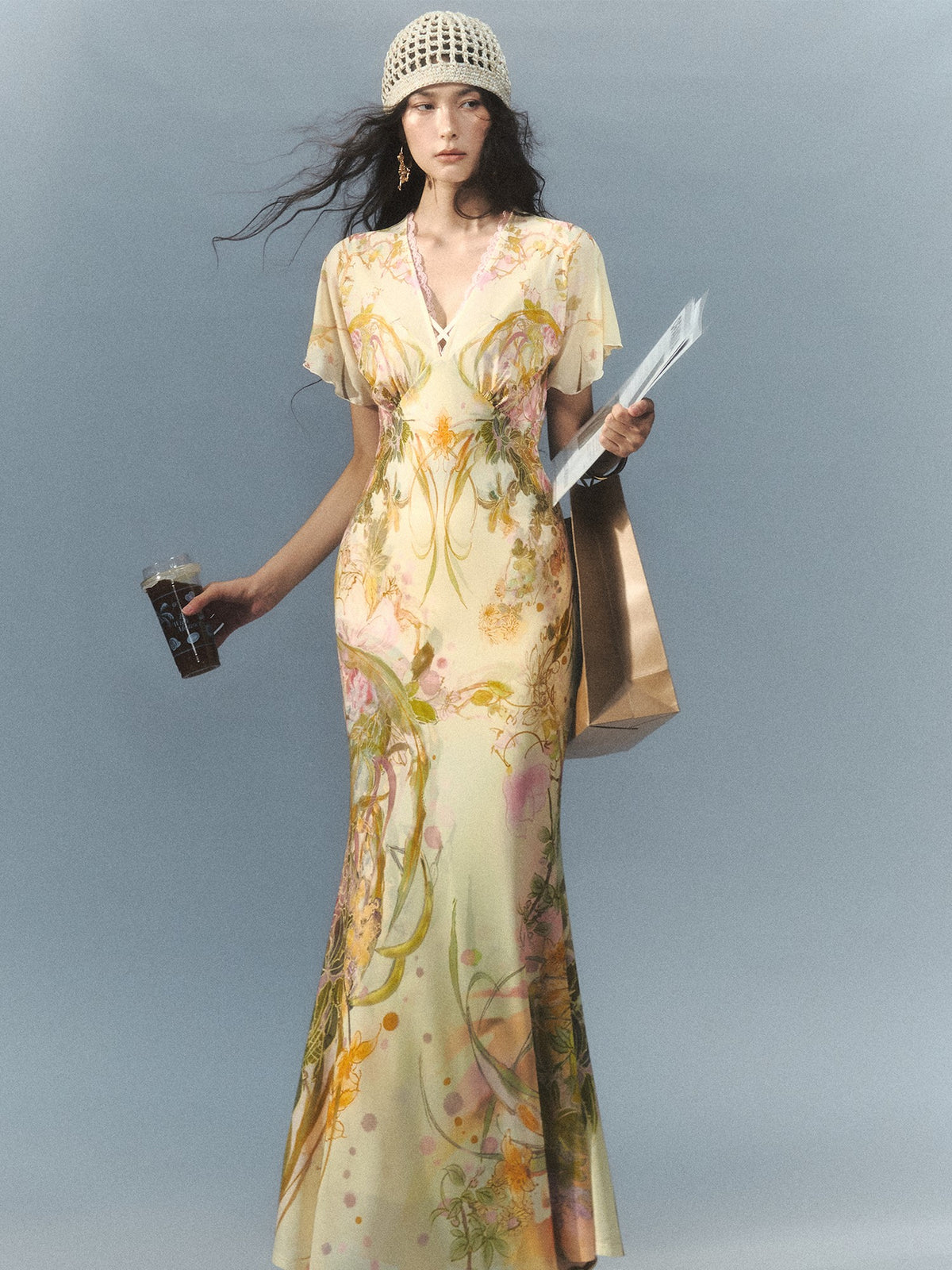OfAkiva Watercolor Floral Print New Chinese Flying Sleeve Fishtail Women&