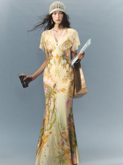 OfAkiva Watercolor Floral Print New Chinese Flying Sleeve Fishtail Women&