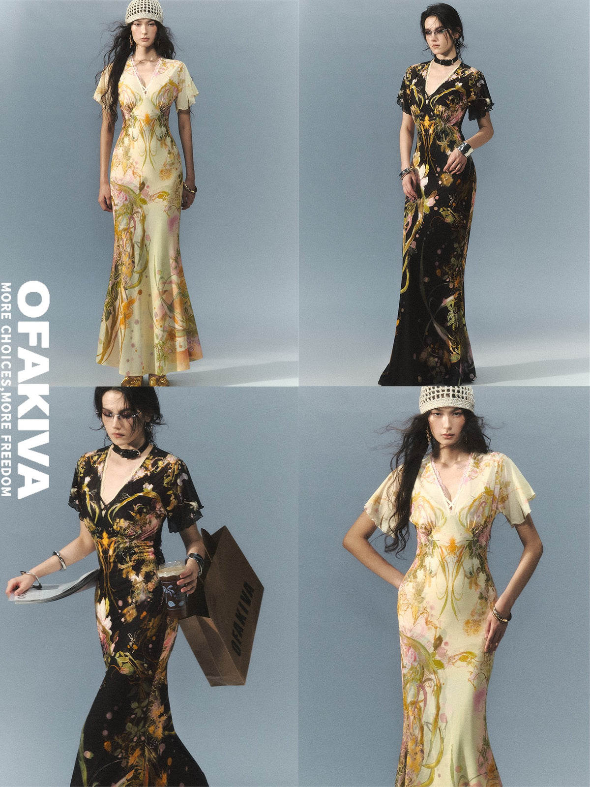 OfAkiva Watercolor Floral Print New Chinese Flying Sleeve Fishtail Women&