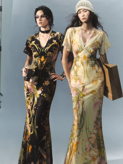 OfAkiva Watercolor Floral Print New Chinese Flying Sleeve Fishtail Women&