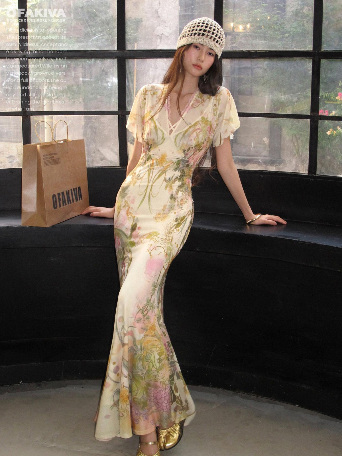 OfAkiva Watercolor Floral Print New Chinese Flying Sleeve Fishtail Women&