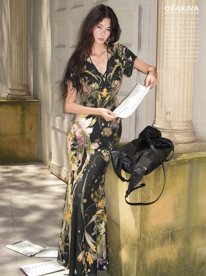 OfAkiva Watercolor Floral Print New Chinese Flying Sleeve Fishtail Women&
