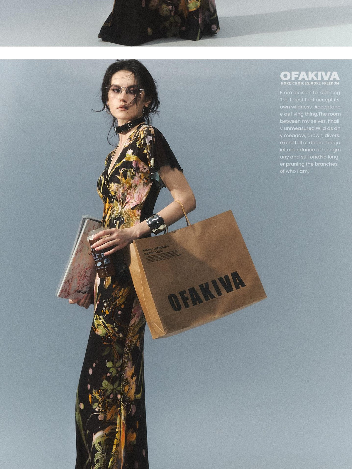 OfAkiva Watercolor Floral Print New Chinese Flying Sleeve Fishtail Women&