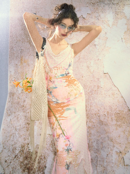 OfAkiva Watercolor Floral Print Tassel Double Layer Women&