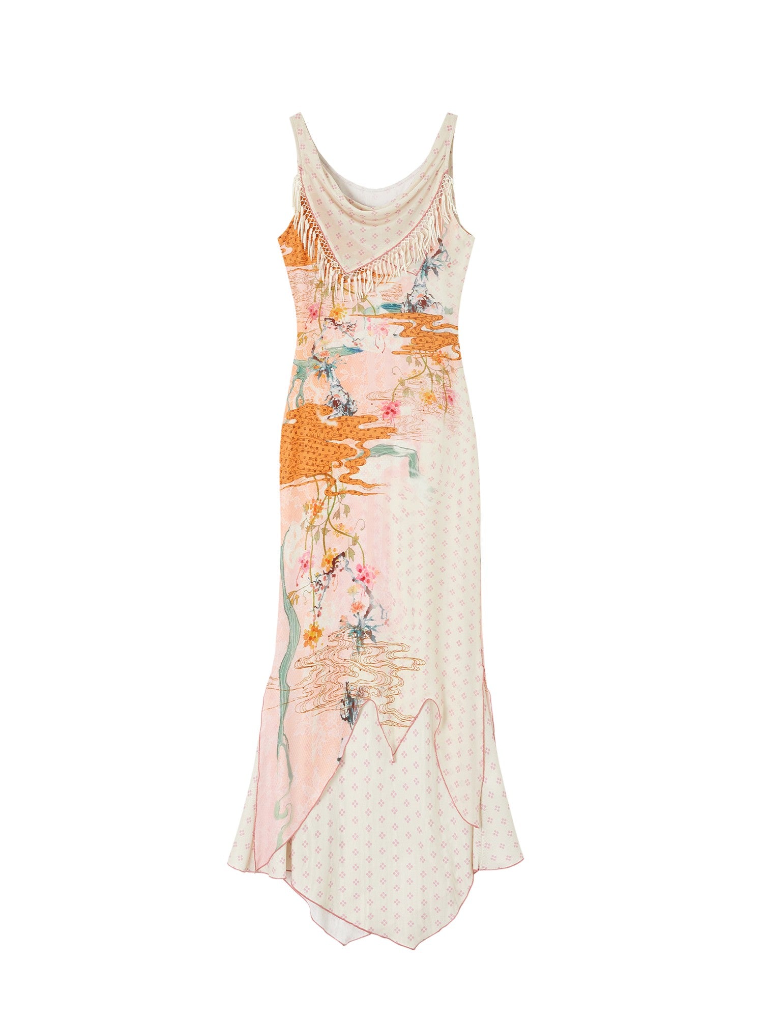 OfAkiva Watercolor Floral Print Tassel Double Layer Women&