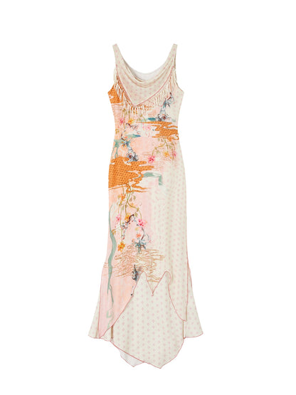 OfAkiva Watercolor Floral Print Tassel Double Layer Women&