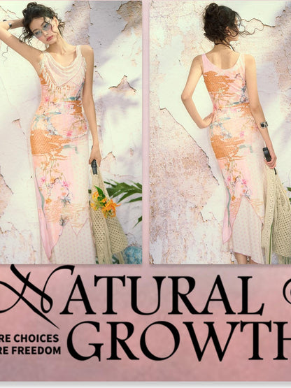 OfAkiva Watercolor Floral Print Tassel Double Layer Women&