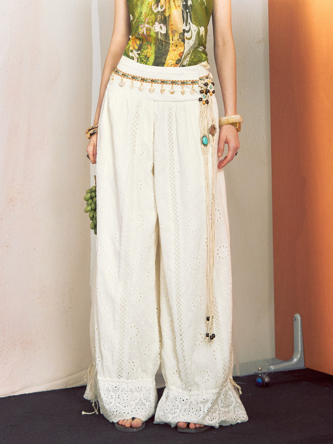 OfAkiva White Cutout Lace Lantern Cinched Ankle Women&