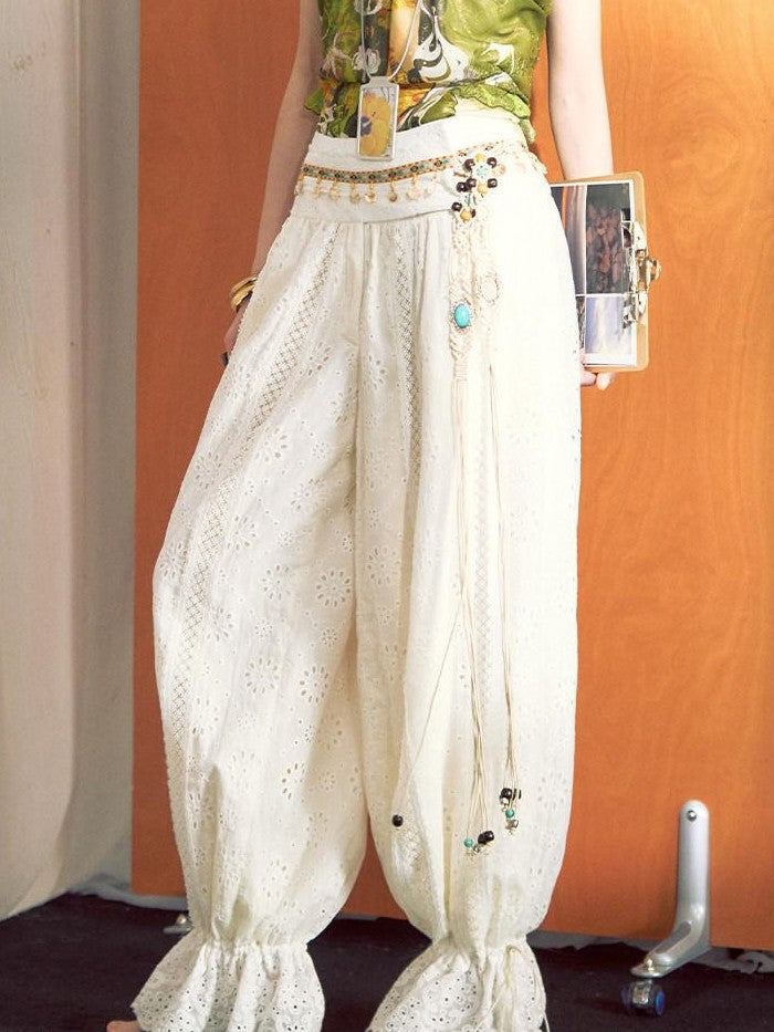 OfAkiva White Cutout Lace Lantern Cinched Ankle Women&
