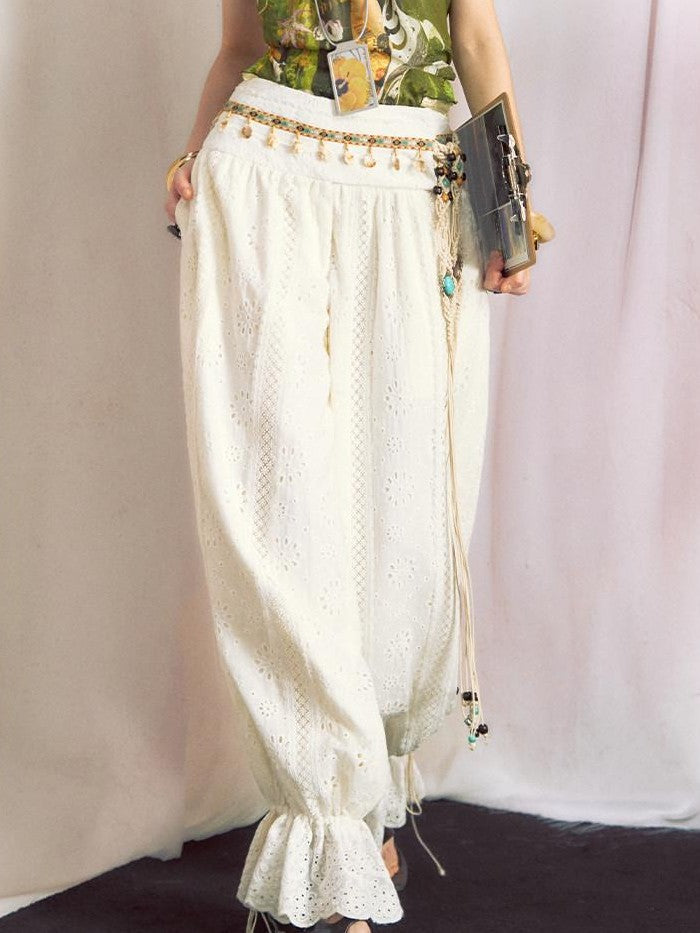 OfAkiva White Cutout Lace Lantern Cinched Ankle Women&