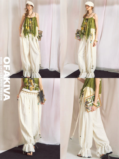 OfAkiva White Cutout Lace Lantern Cinched Ankle Women&