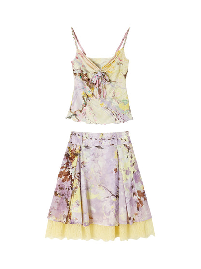 OfAkiva Wisteria Print Chinese Style Camisole Midi Skirt Set Women&