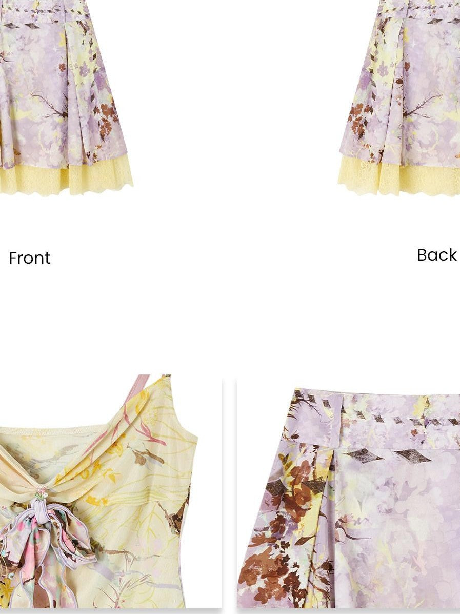 OfAkiva Wisteria Print Chinese Style Camisole Midi Skirt Set Women&