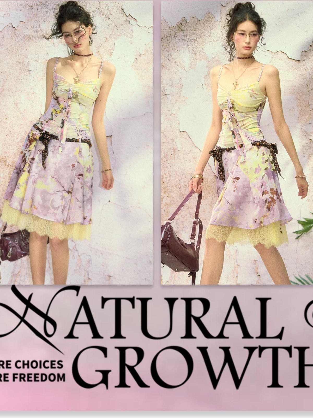 OfAkiva Wisteria Print Chinese Style Camisole Midi Skirt Set Women&