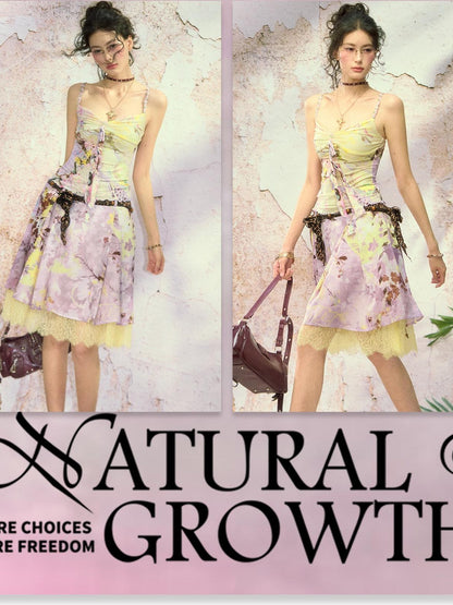 OfAkiva Wisteria Print Chinese Style Camisole Midi Skirt Set Women&