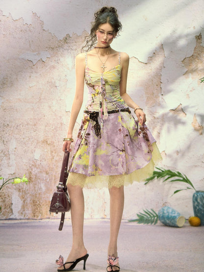 OfAkiva Wisteria Print Chinese Style Camisole Midi Skirt Set Women&