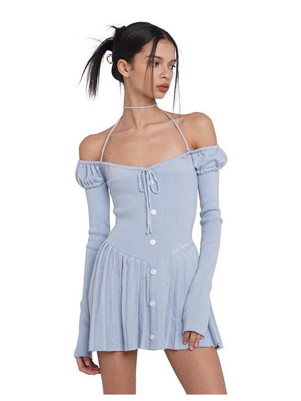 Off Shoulder Bodycon Mini Dress with Halter Neck Pleated Skirt