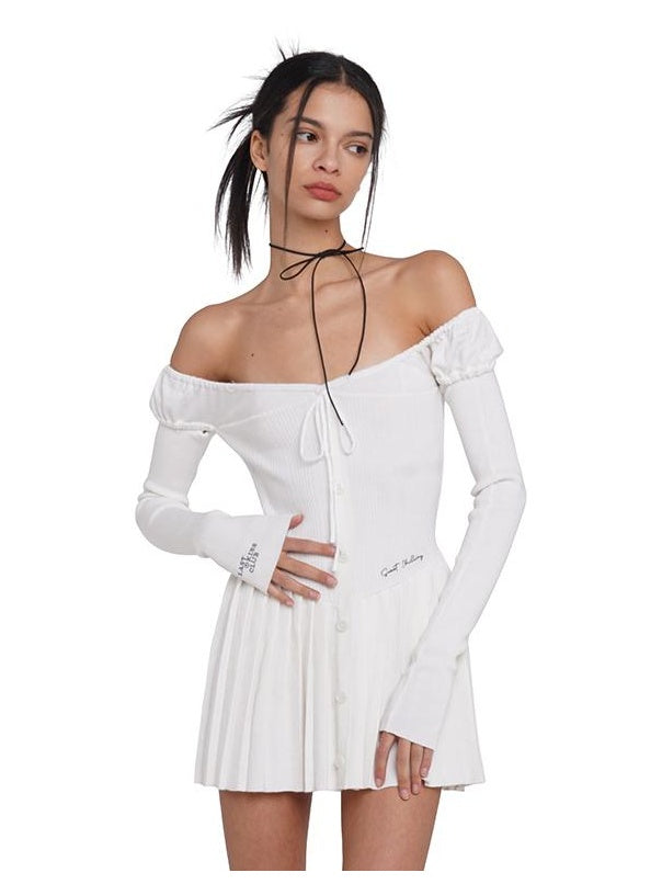 Off Shoulder Bodycon Mini Dress with Halter Neck Pleated Skirt