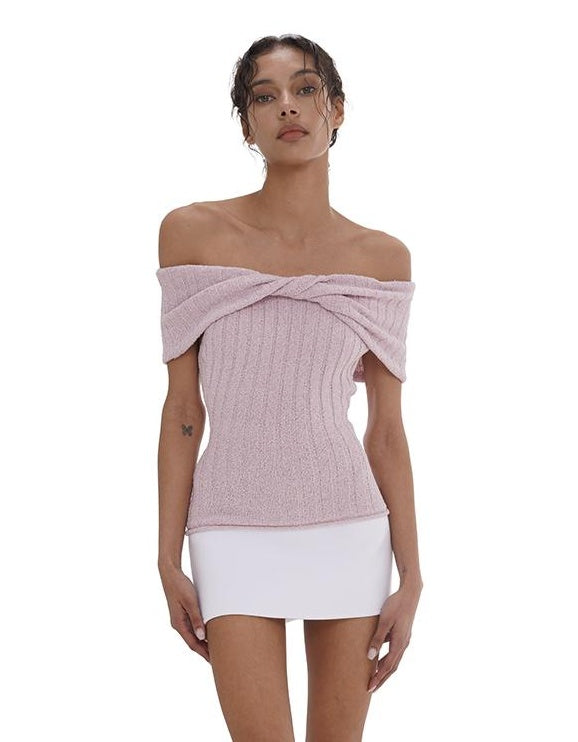 Off Shoulder Ribbed Bow Dress with Color Blocking