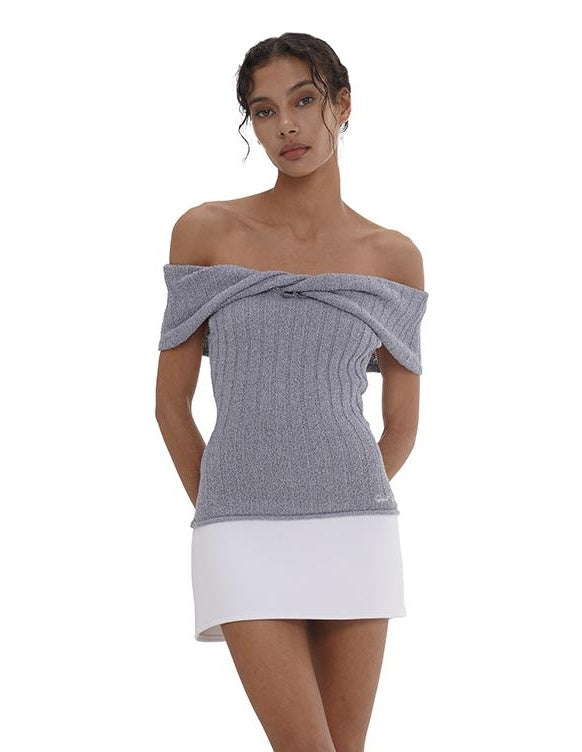 Off Shoulder Ribbed Bow Dress with Color Blocking