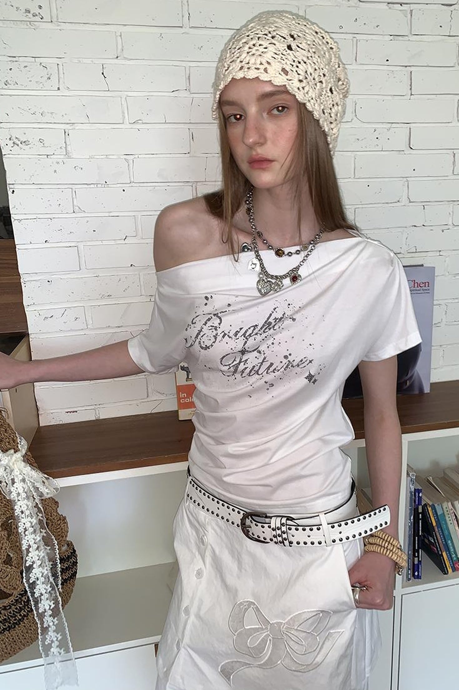 DIDDI MODA Off Shoulder Letter Graphic Rhinestone Pleated Tee