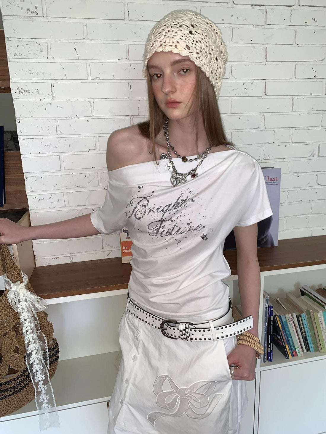 DIDDI MODA Off Shoulder Letter Graphic Rhinestone Pleated Tee