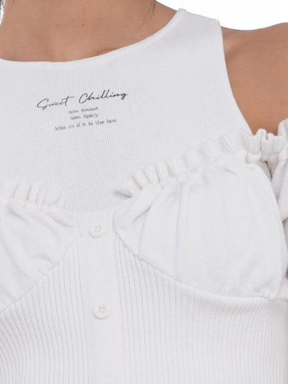 SweetChilling Off Shoulder Puff Sleeve Knit Top &amp; Vest Set Women Sweaters