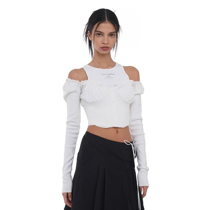 SweetChilling Off Shoulder Puff Sleeve Knit Top &amp; Vest Set Women Sweaters