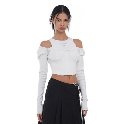 SweetChilling Off Shoulder Puff Sleeve Knit Top &amp; Vest Set Women Sweaters