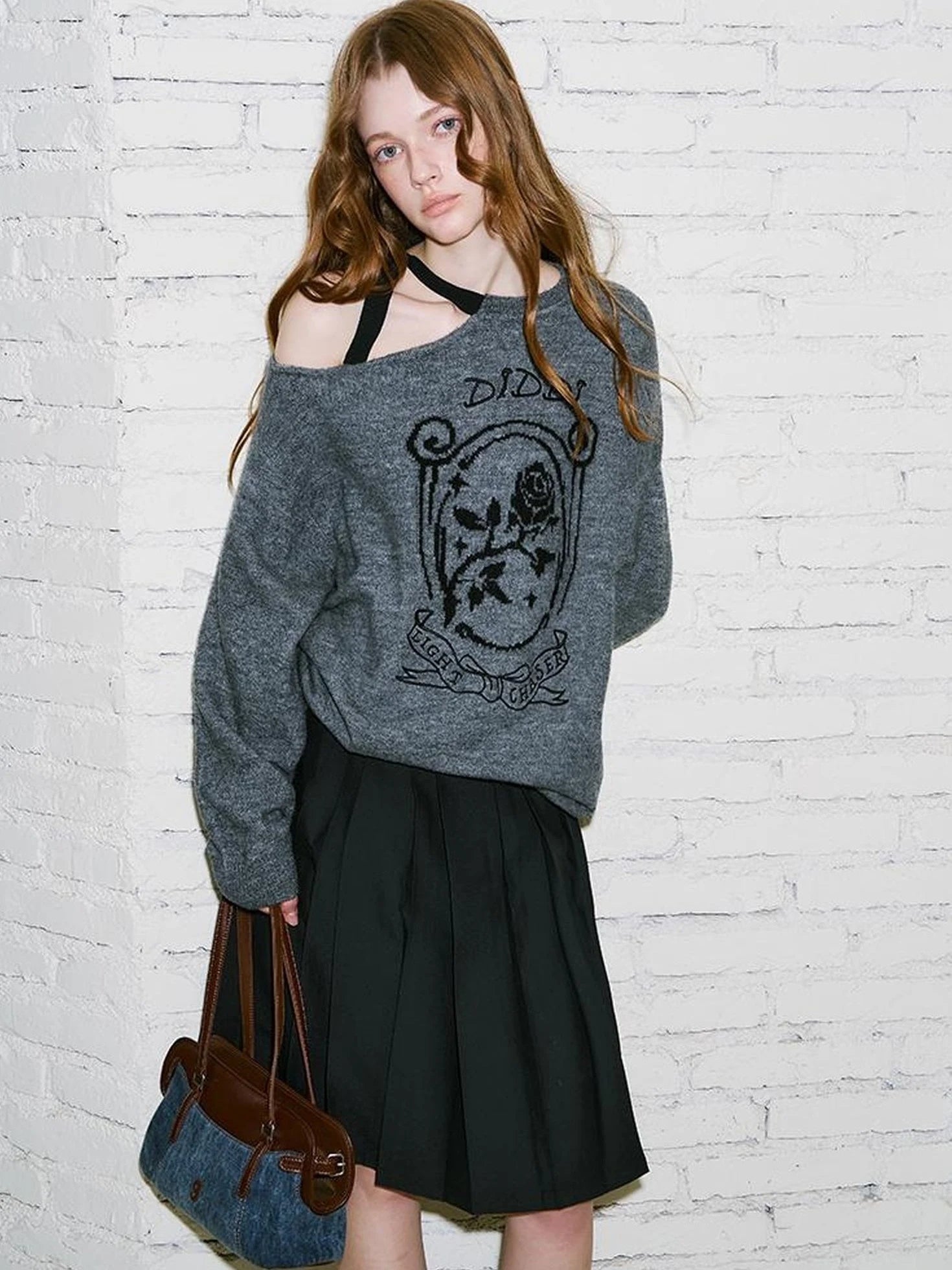 Off Shoulder Rose Jacquard Knit Top With Bow Tie