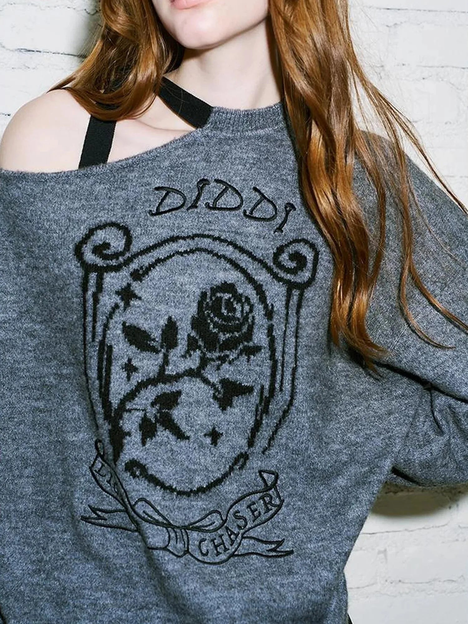 Off Shoulder Rose Jacquard Knit Top With Bow Tie