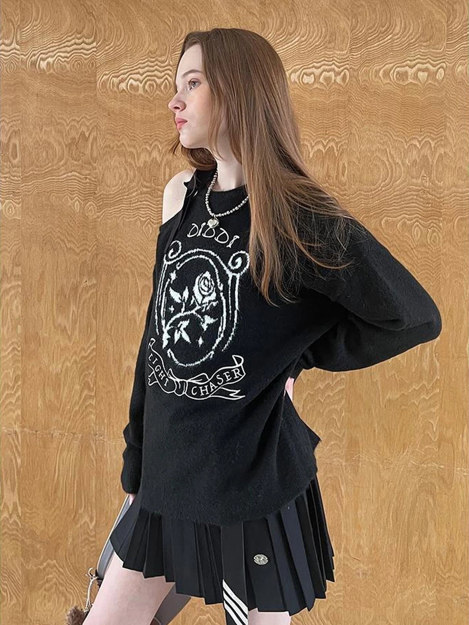 Off Shoulder Rose Jacquard Knit Top With Bow Tie