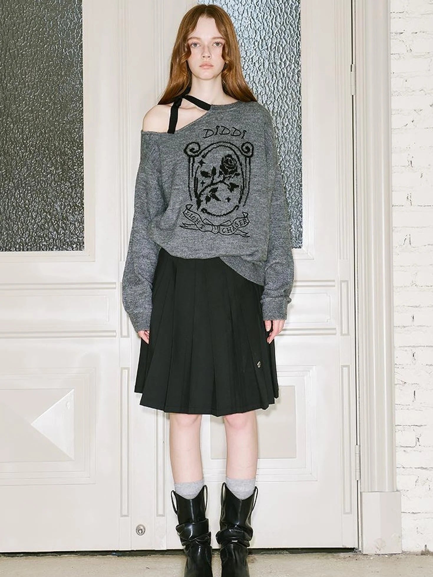 Off Shoulder Rose Jacquard Knit Top With Bow Tie