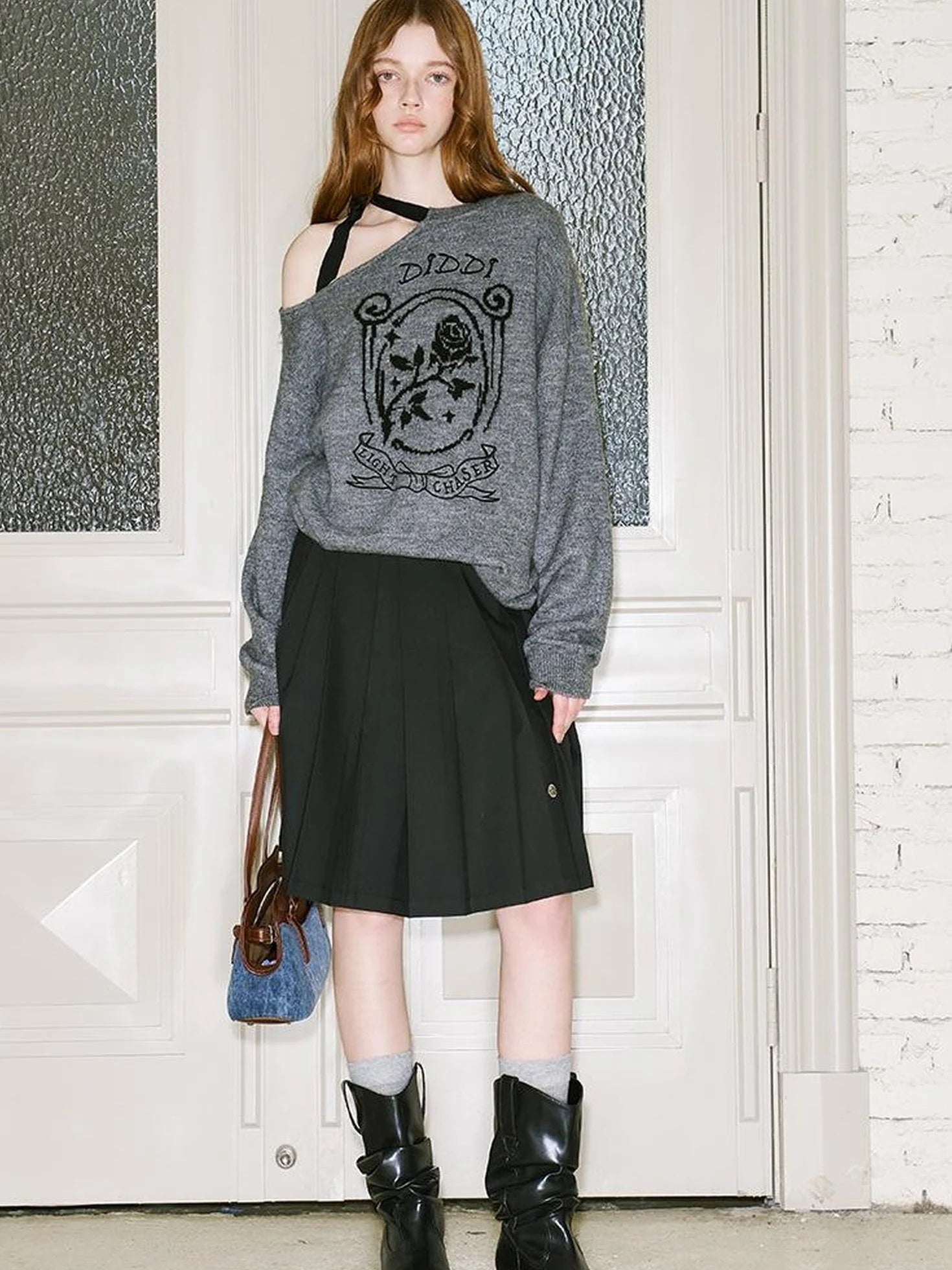 Off Shoulder Rose Jacquard Knit Top With Bow Tie