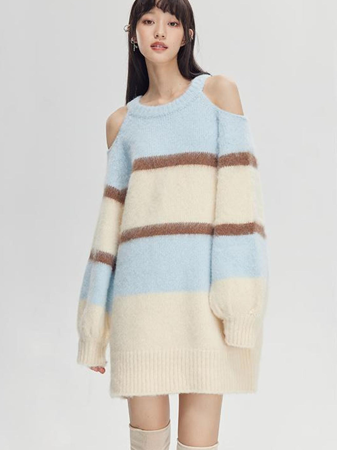 DIDDI MODA Off Shoulder V Neck Striped Knit Sweater