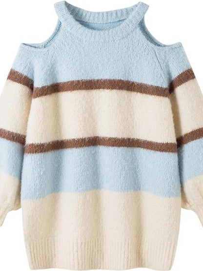 DIDDI MODA Off Shoulder V Neck Striped Knit Sweater