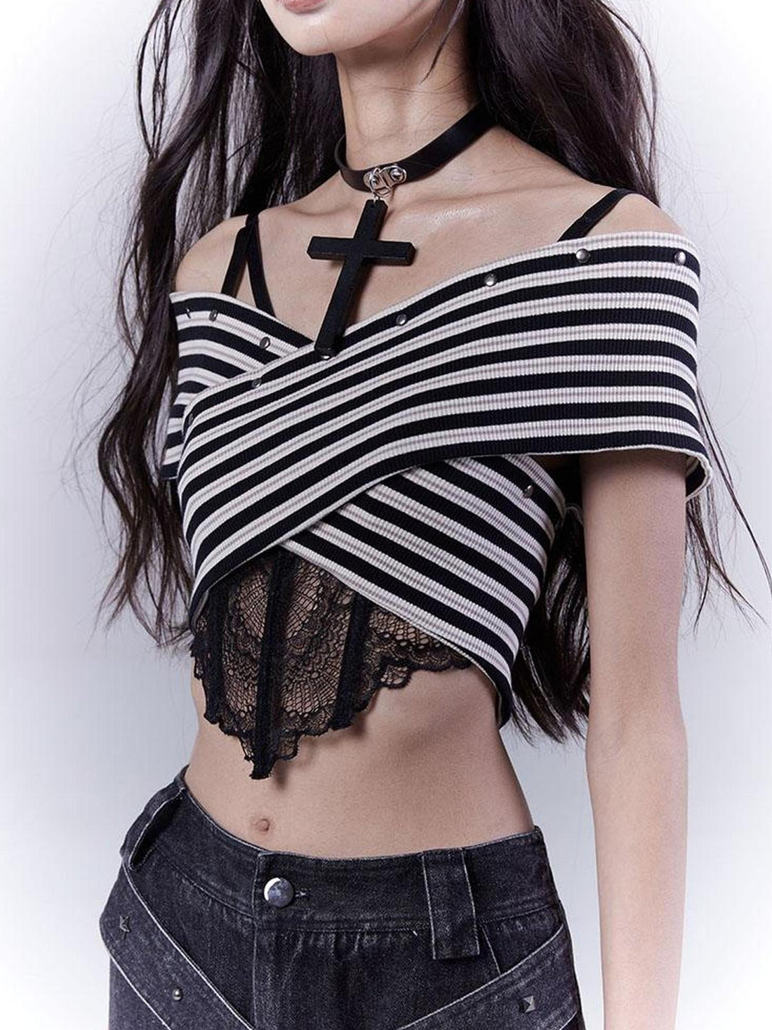 WSW WUSHENWU One Shoulder Grid Bandage Stripe Top