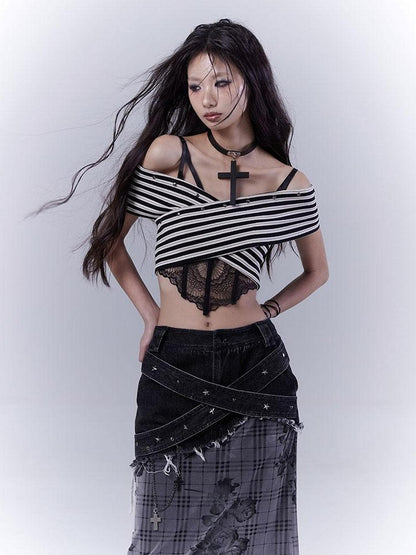 WSW WUSHENWU One Shoulder Grid Bandage Stripe Top