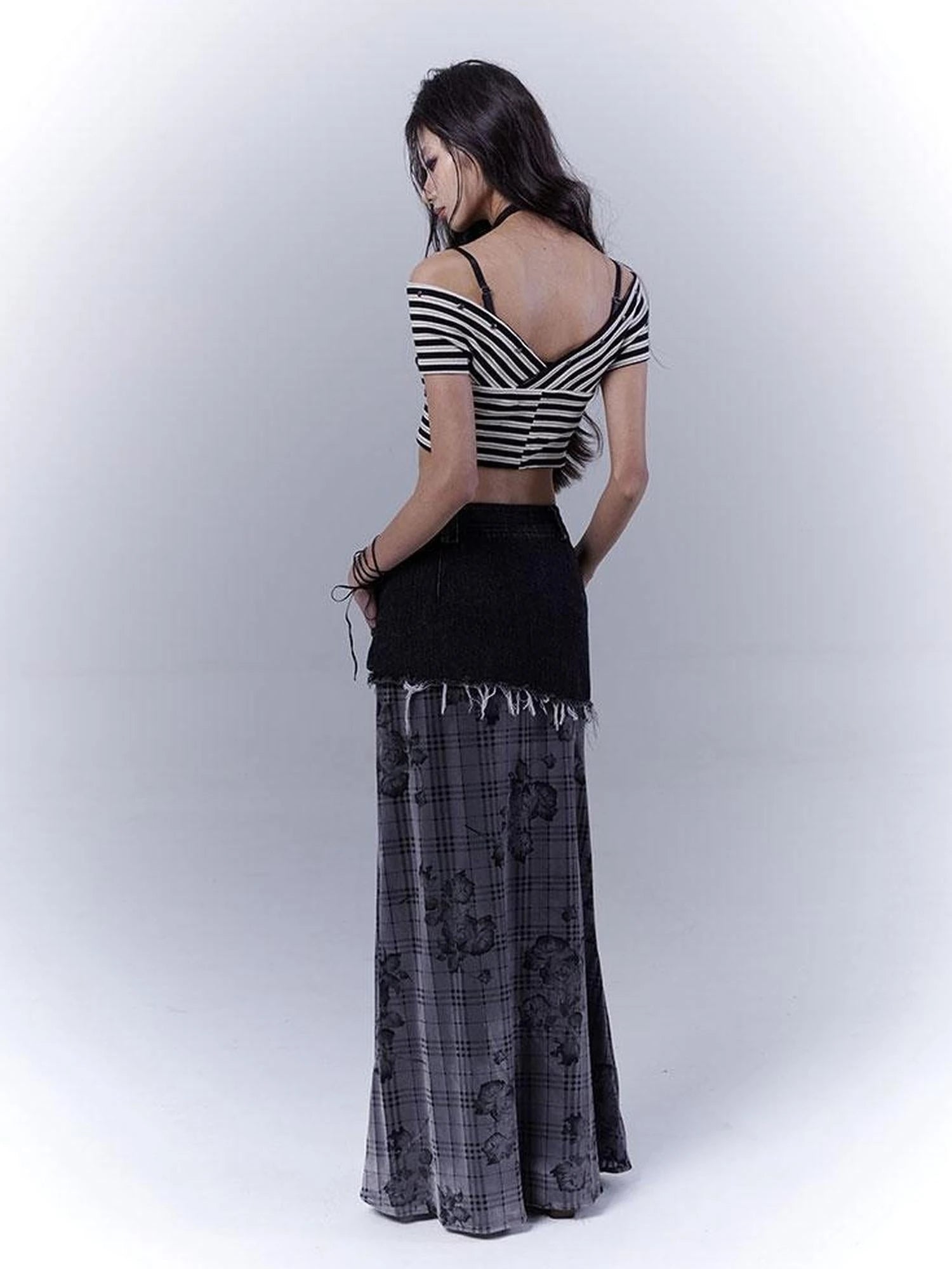 One Shoulder Grid Bandage Stripe Top