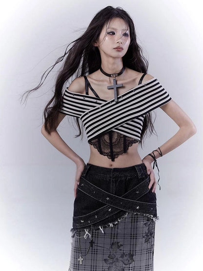 One Shoulder Grid Bandage Stripe Top