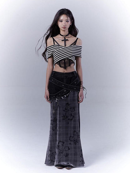 WSW WUSHENWU One Shoulder Grid Bandage Stripe Top